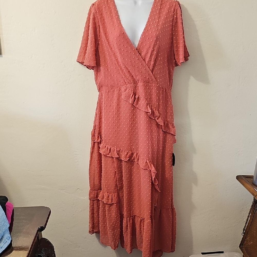 Lulu's Coral Rust Dot Wrap Midi Dress